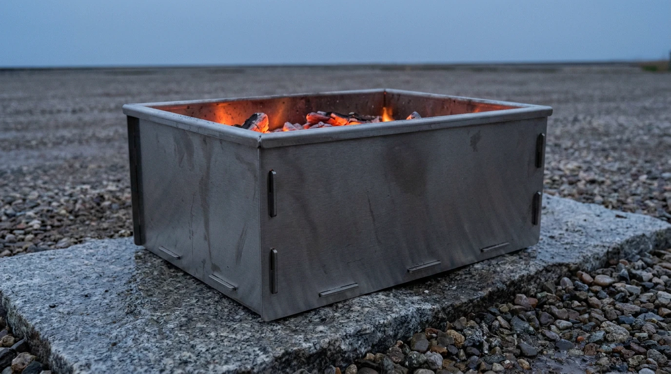 A rectangular stainless steel firebox assembled from six flat plates with flat tabs seated through slots at its corners, standing on a granite slab on wet gravel at blue hour, a bed of embers lighting its inner walls