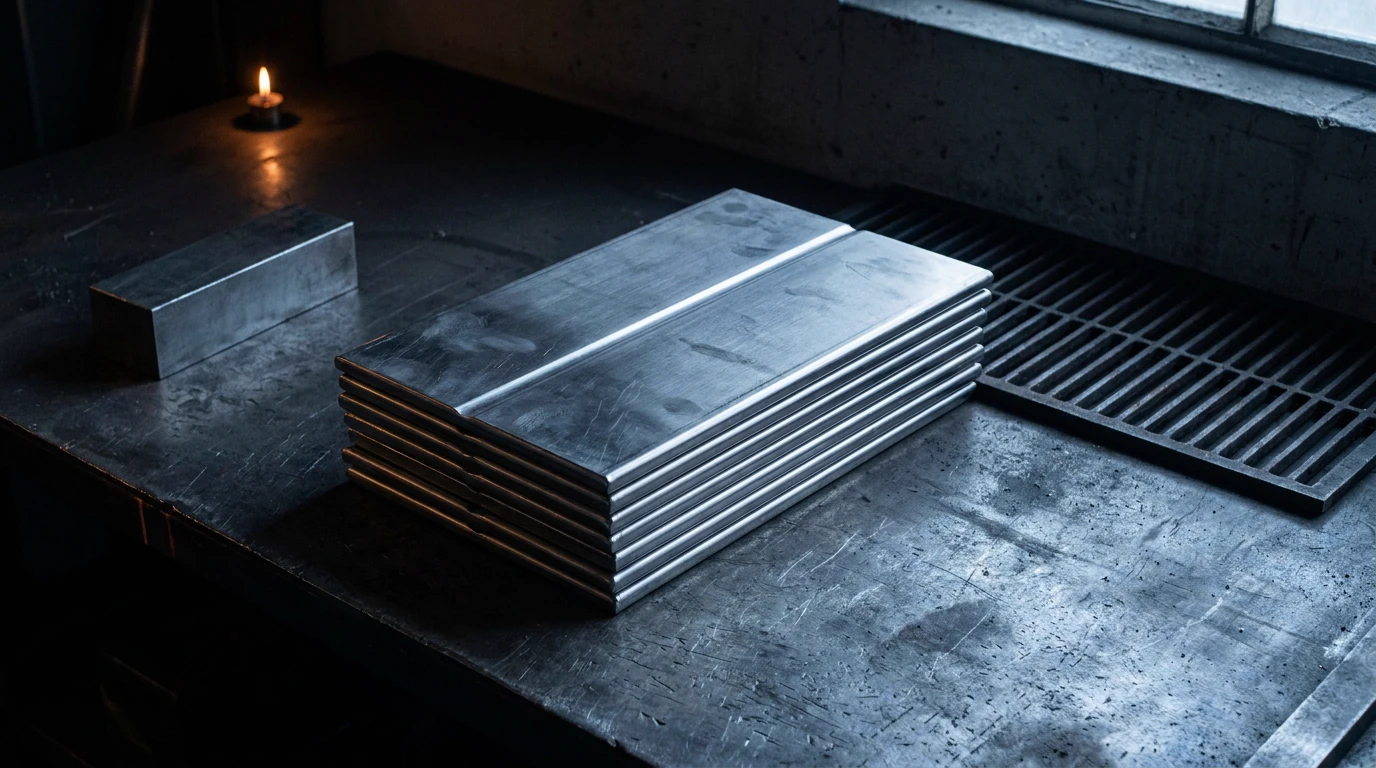 Six flat stainless steel plates stacked into one slab on a scarred steel workbench, a ground parallel block beside them