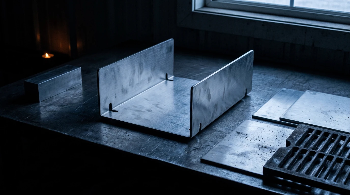 The base plate lying flat with two stainless side walls standing upright in its slots, forming an open U