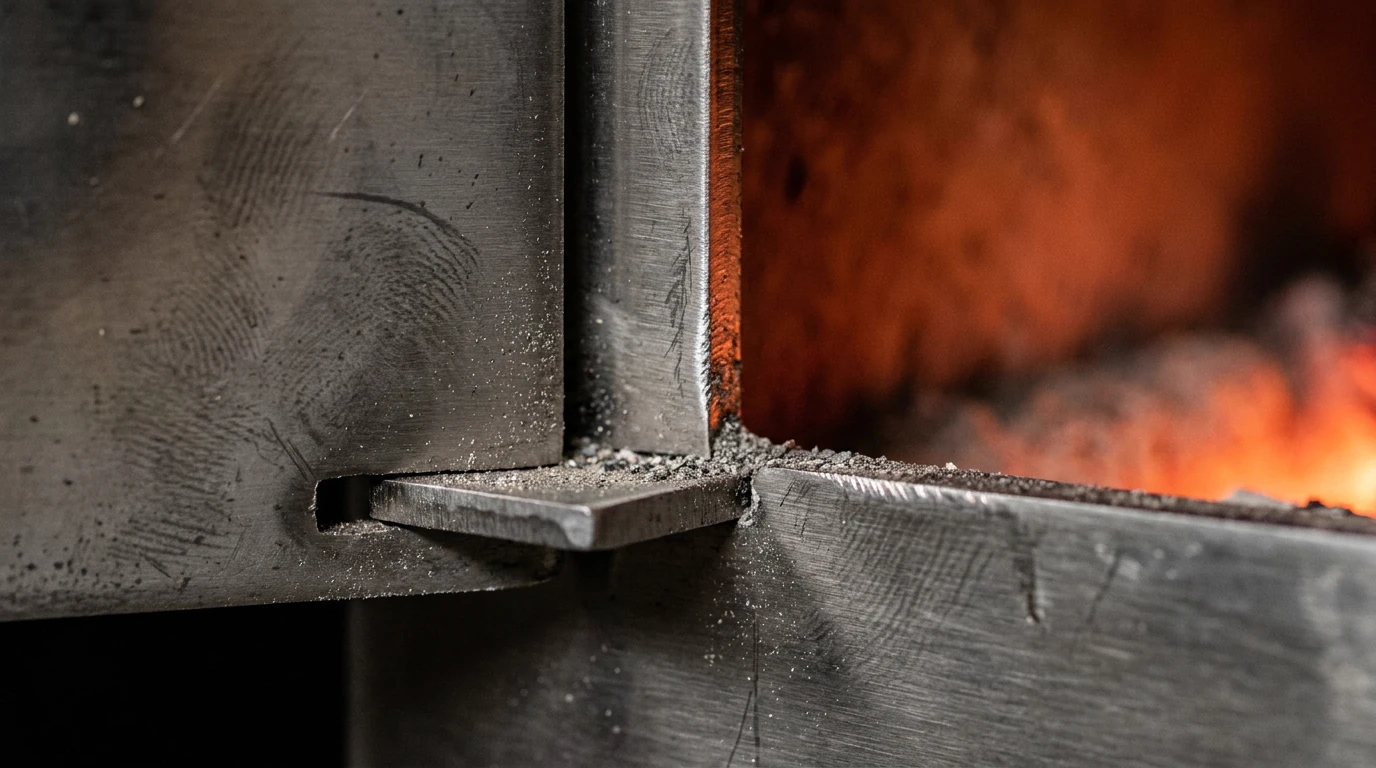 Extreme macro of one corner joint, a tab on the side wall seated hard against the bottom of a slot in the end wall