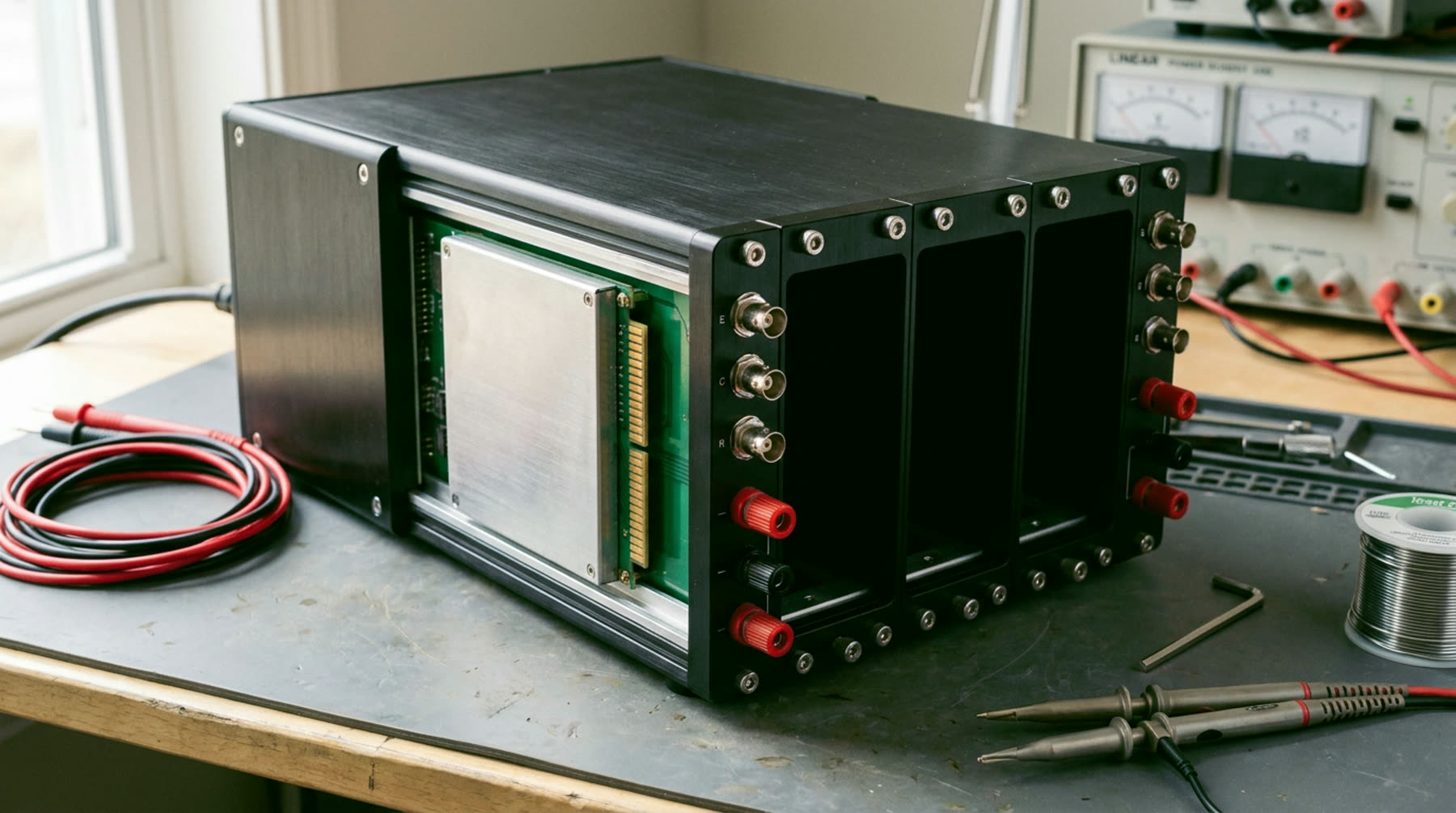 The Ferrule B4 on an electronics bench, one module drawn part-way out of its bay
