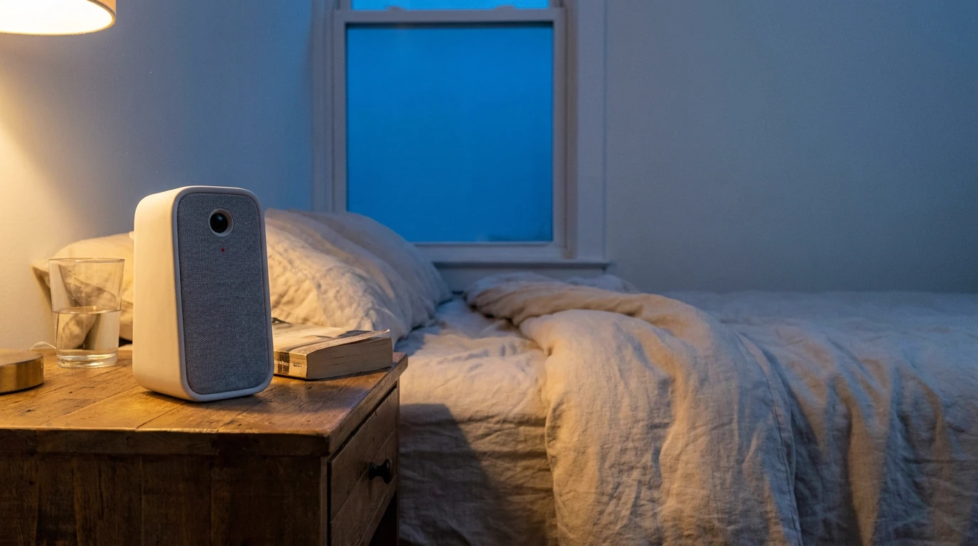 A bedside sleep monitor on a nightstand in a bedroom at dusk